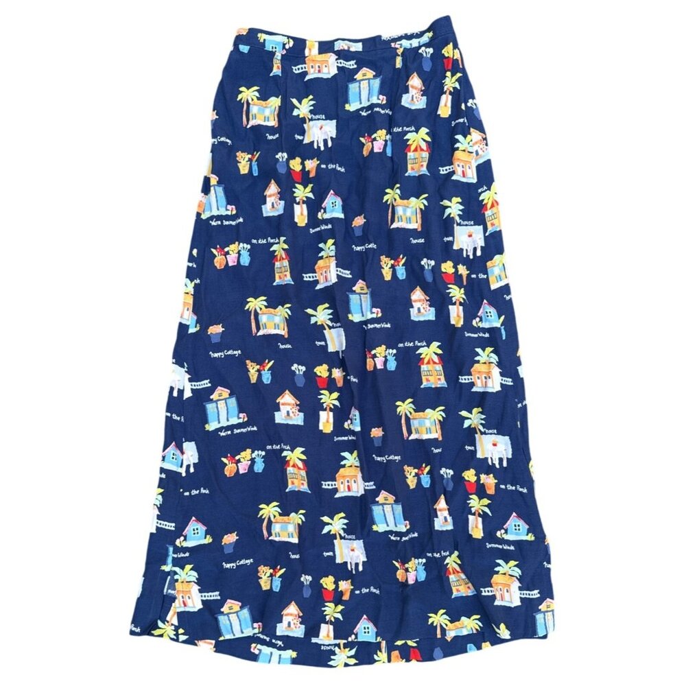 Vintage Melrose Studio Blue Cottage Print Elastic Waist A-Line Maxi Skirt S